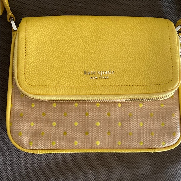 Kate Spade NY Yellow Leather 'Run Around Raffia' Dot Large Flap Crossbody Bag - Picture 16 of 17